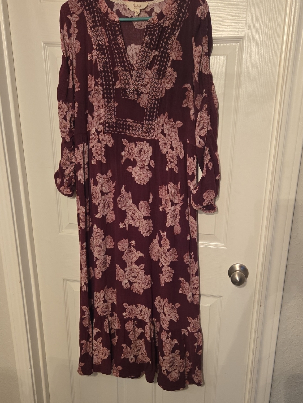 Nurture by Westbound Burgundy Dress with Pink Floral Print Boho Tiered Large